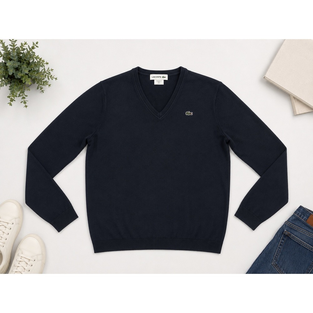 Lacoste Mens Navy Blue V-Neck Cotton Knit Sweater Size 46 XL
